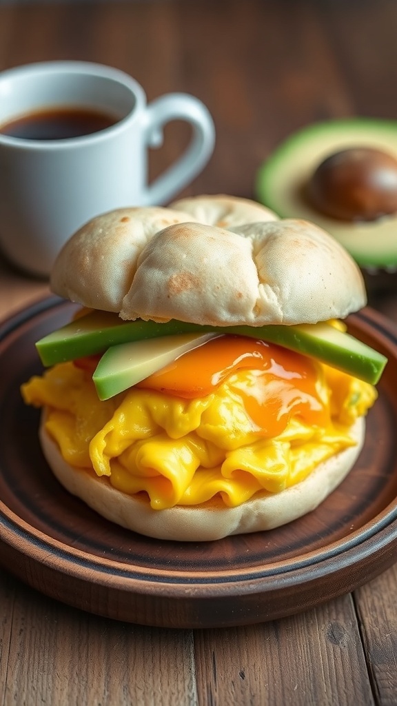 A fluffy cloud bread breakfast sandwich with scrambled eggs and cheese, garnished with avocado, on a wooden plate.